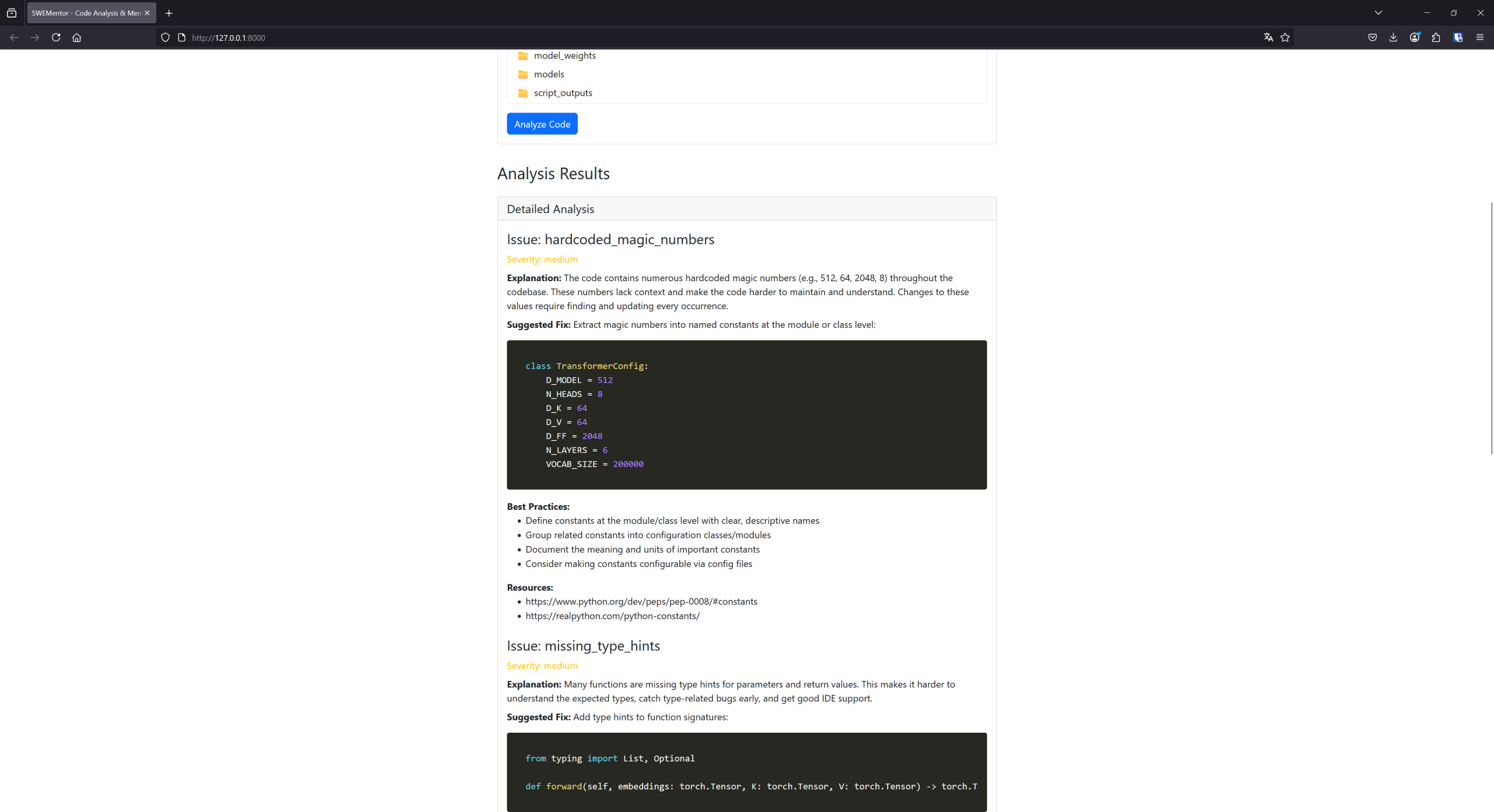 SWEMentor showing detailed analysis of code issues alongside improvement suggestions