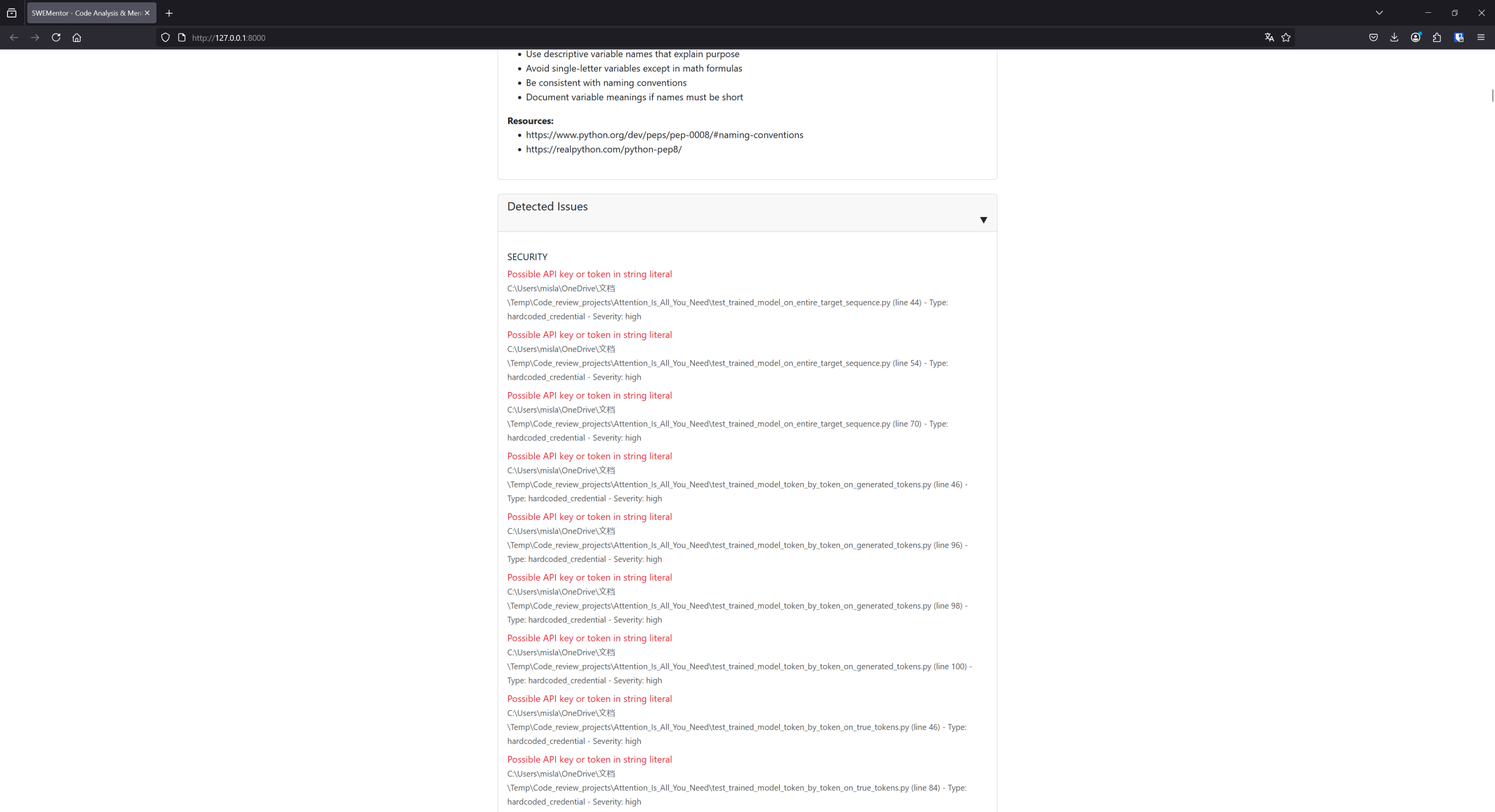 A detailed list of detected issues (can contain false positives)