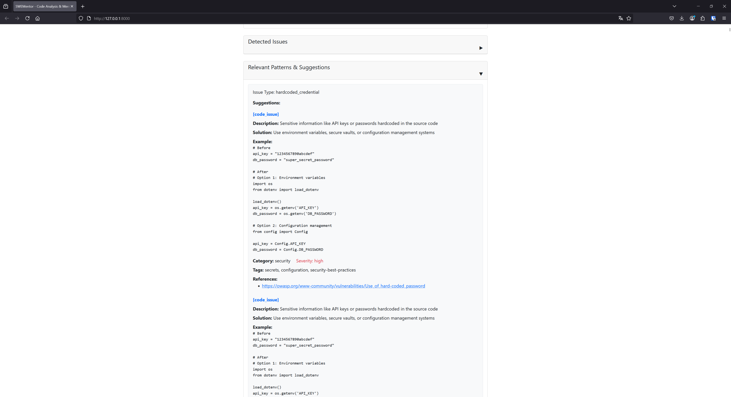 Relevant patterns & suggestions for the detected issues